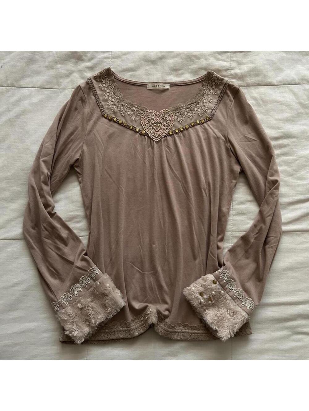Axes Femme Mauve Pink Fur Cuff Pearl Lace Long Sleeve Top Lolita Medium